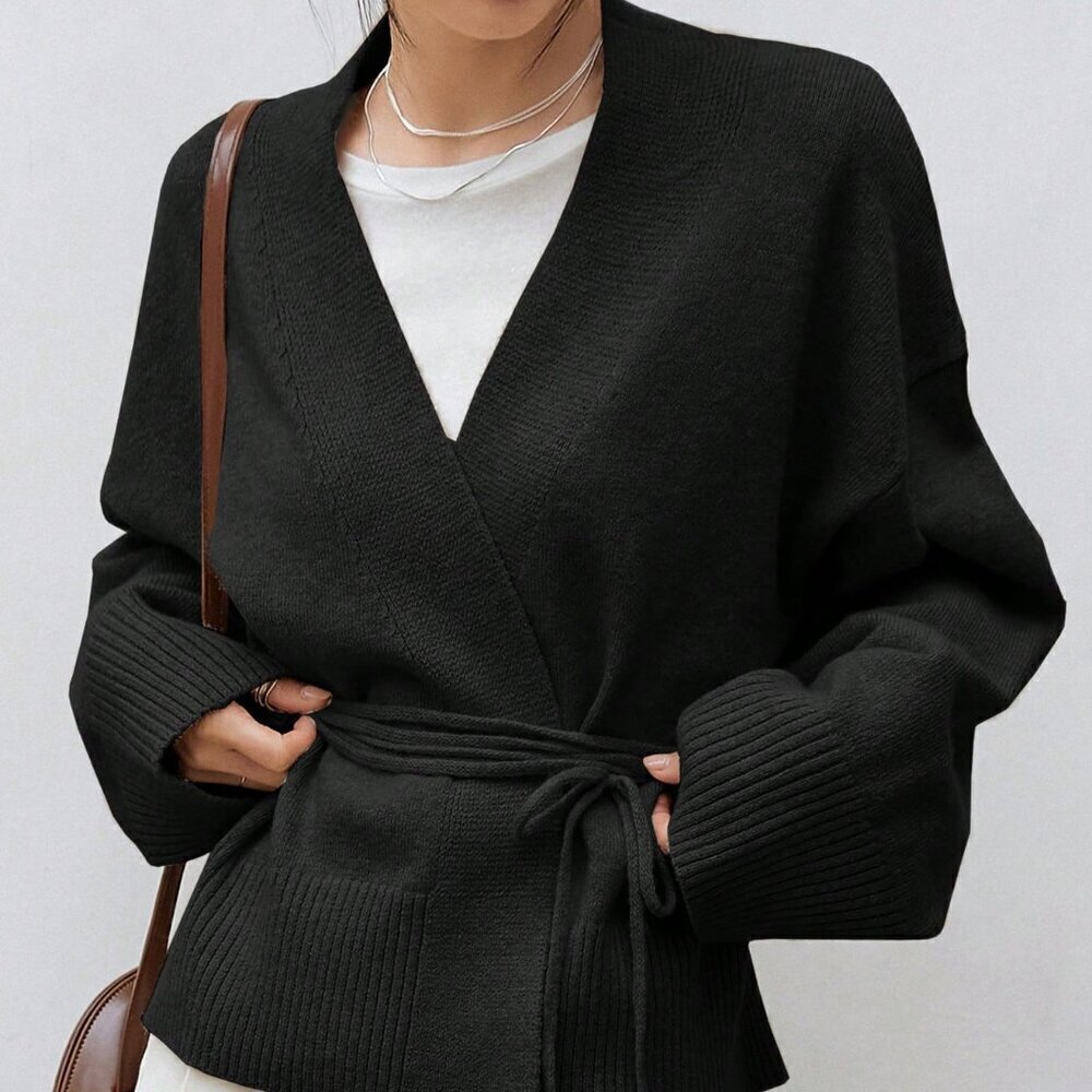 Black Casual Women's Drop Shoulder Belted Cardigan - Picture 4 of 5